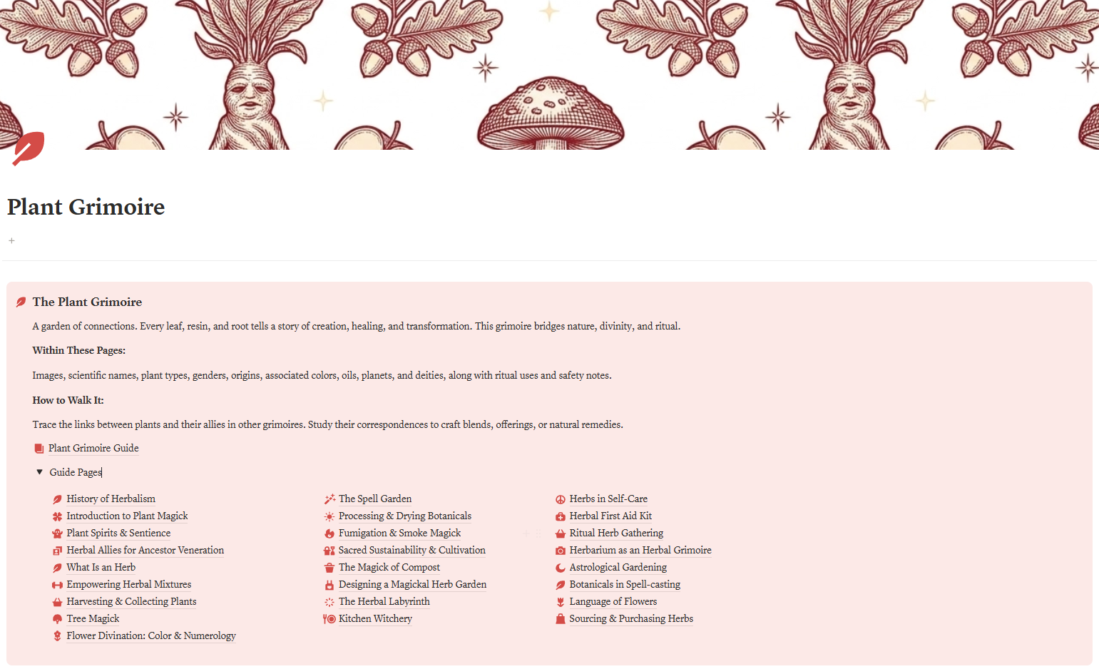 Plant Grimoire home page with illustrated header and guide links